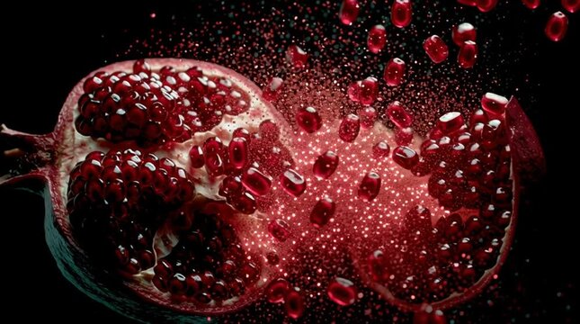 Close-up of glowing pomegranate splitting open in darkness, ruby seeds floating, symbolic reference to Persephone and the underworld, cinematic, high-detail, mystical and immersive scene.