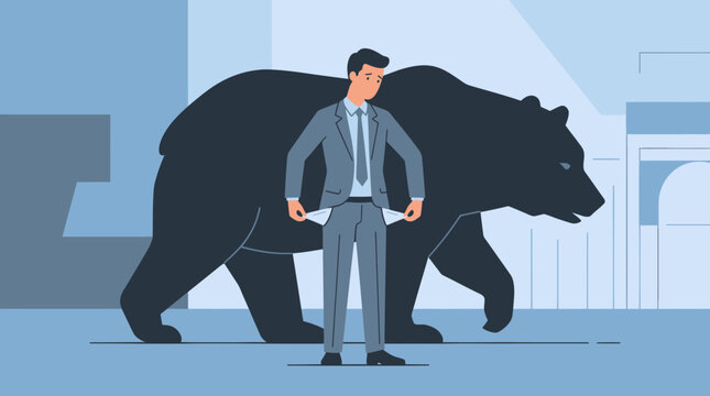 Businessman with empty pockets facing a looming bear market, symbolizing economic crisis, financial loss, and business failure in a flat vector illustration.