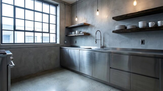 Modern Industrial Loft Kitchen with Micro-Cement Walls and Stainless Steel Accents