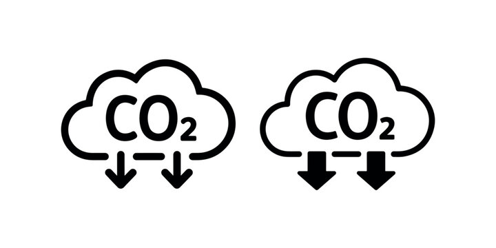 Carbon dioxide emission cloud icons with downward arrows representing co2 reduction and environmental protection measures in outline style vector graphics.