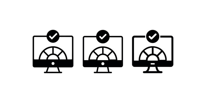 Computer desktop hardware interfaces showing gauge results with checkmark symbol for measuring web server efficiency and software operation speed analysis.
