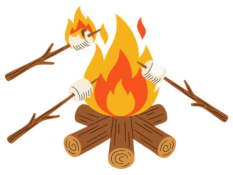 Cozy campfire with roasting marshmallows on wooden sticks vector illustration isolated on white background
