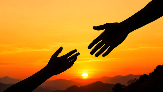 Silhouette of two hands reaching for each other at sunset