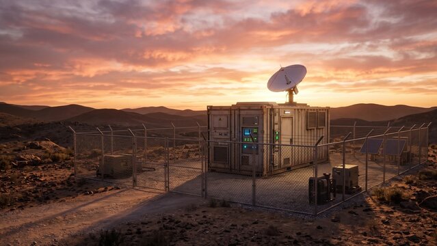Rugged Modular Edge Computing Datacenter Unit Deployed at a Remote Industrial Location at Sunset, 5G IOT Infrastructure