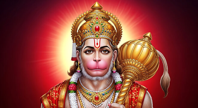 Hanuman deity holding mace with golden crown and red attire