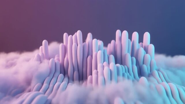 Vibrant 3D rendered purple and blue crystal formation on cloudy surface, futuristic abstract background with copy space, neon lighting, gradient colors