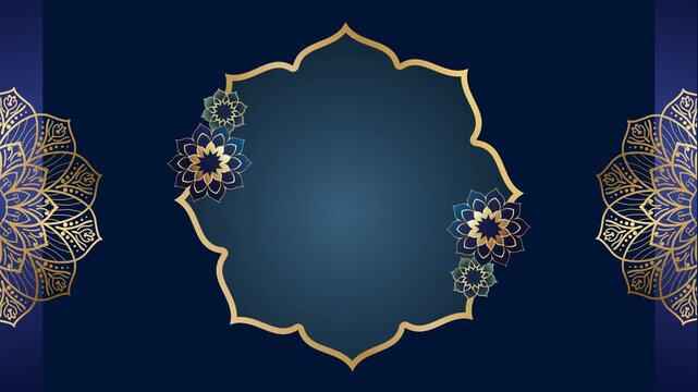 Luxury blue background with golden Islamic frame, Arabic ornament and rotating mandalas with copy space in Arabic style.