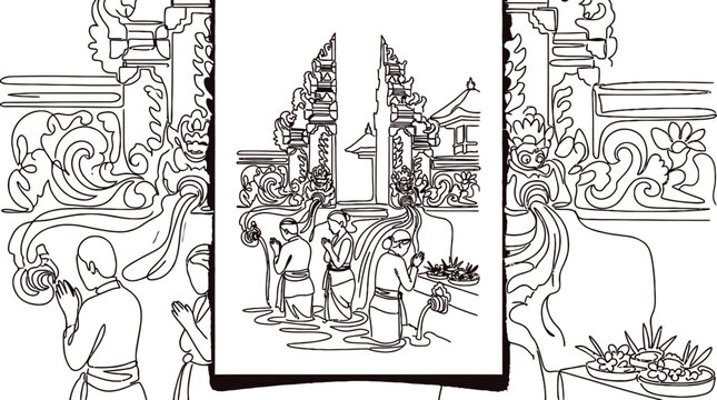 Balinese People in Traditional Clothing at a Temple Gate - Line Art Illustration