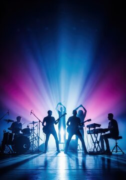 Energetic Music Band Silhouette Performing Live Concert on Stage with Vibrant Colorful Light Beams