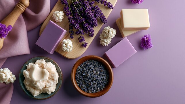 lilac massage therapy flat lay with lavender and shea butter