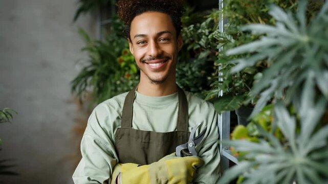 Young man holding pruning shears in indoor plant nursery