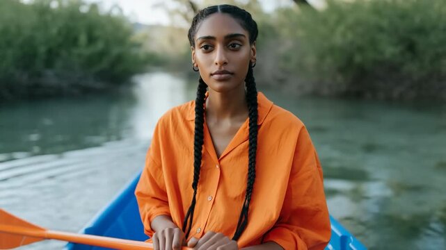 Young woman paddling in blue canoe on river during daytime