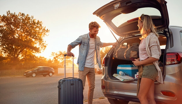Couple Loading Luggage Into Vehicle During Golden Hour Sunset Travel Preparation