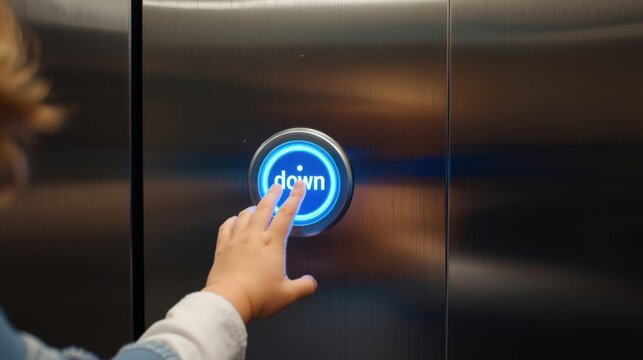 Child hand presses glowing down button on brushed metal elevator panel and suggests daily navigation inside modern building.