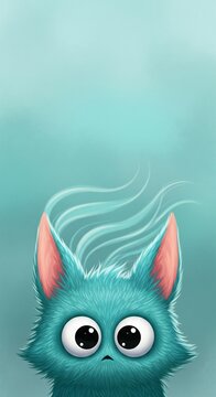 Cute Fluffy Blue Creature Illustration with Large Eyes and Copy Space for Digital Background Design