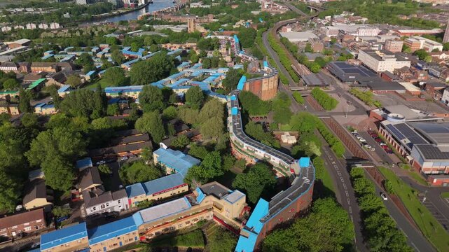 Newcastle upon Tyne UK: 25th May 2026: Drone captures the layout of Byker Wall duating dawn. The design shows buildings, greenery, and streets