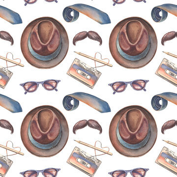 Hat, mustache, tie, sunglasses, cassette, seamless pattern. Hand-painted watercolor illustration isolated on white for gentlemen, barbershop, fatter day design, printing, textile, packaging, decor.