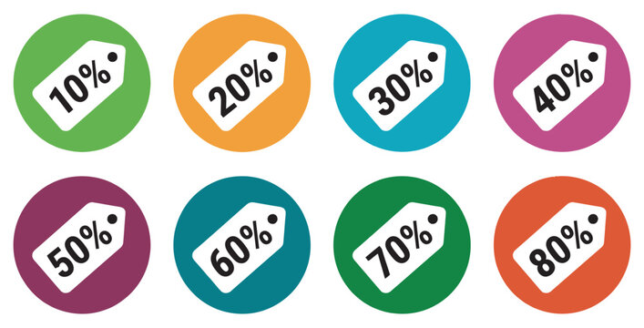 Set of eight colorful circular tags displaying various percentage discount values on transparent background