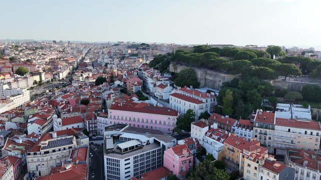 Drone Flight Past S&atilde;o Jorge Castle and Lisbon Viewpoints at Sunrise