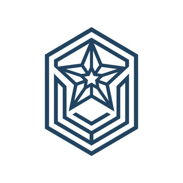 Military star emblem within hexagonal shield frame.
