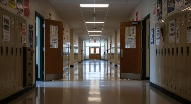 A long, empty school hallway with rows of lockers and open doors leading to classrooms