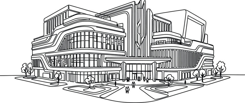 Modern Building Architecture Sketch, Futuristic Design, Cityscape Line Art