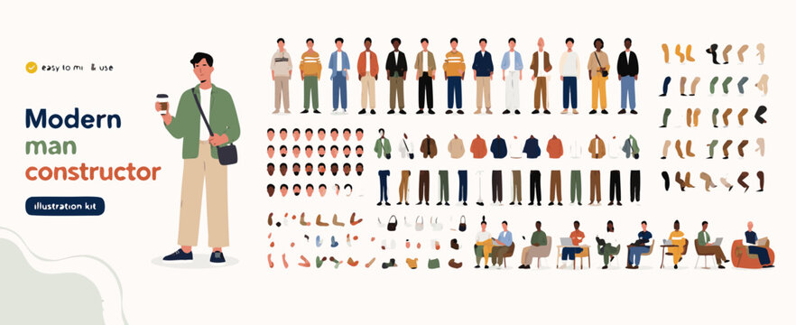Modern man creator kit with diverse characters and clothing options for customization