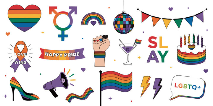 Pride celebration icons with rainbow colors including heart gender symbols disco ball and cake in bright lighting