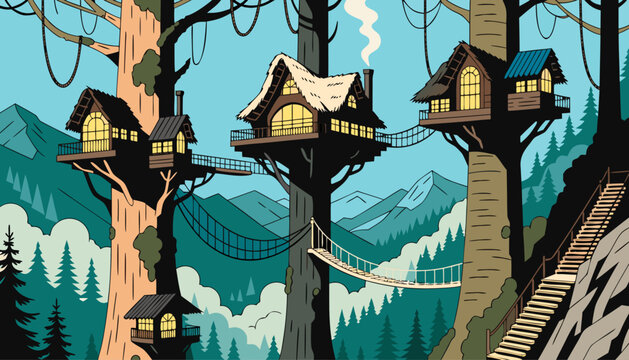 Very beautiful luxury treehouse village connected by wooden suspension bridges above a misty forest, featuring glowing windows, natural materials, and breathtaking panoramic wilderness views.