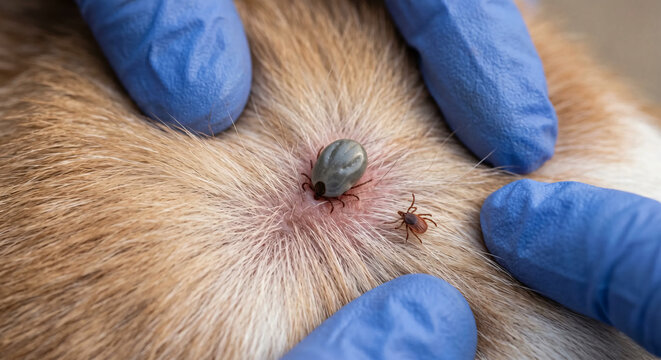 Veterinarian in blue gloves examining ticks biting a dog skin under the fur