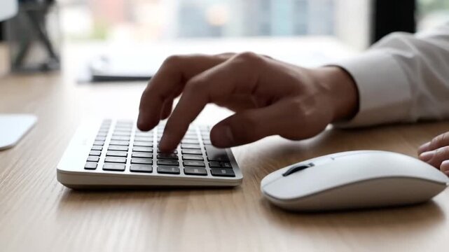 Close-up of a persons hands typing on a laptop keyboard next to a computer mouse on a wooden desk.