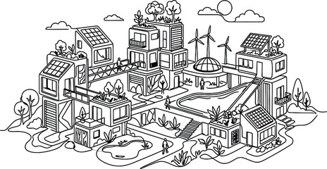 Obraz premium Sustainable city illustration with eco-friendly buildings, solar panels, and wind turbines.