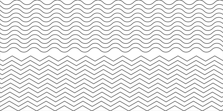 Wavy lines pattern vector element, wave ripple thin line strokes simple zigzag texture set, stream zig zag background backdrop image clip graphic illustration