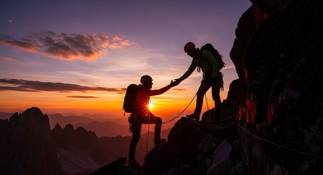 Mountain climbers helping each other on a rocky peak. Teamwork and trust in extreme sports. Two hikers joining hands to reach the summit during a dramatic sunset