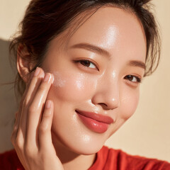 Obraz premium Radiant beauty of Korean woman applying skincare product on her glowing skin, fresh and healthy appearance. image captures moment of self care and confidence