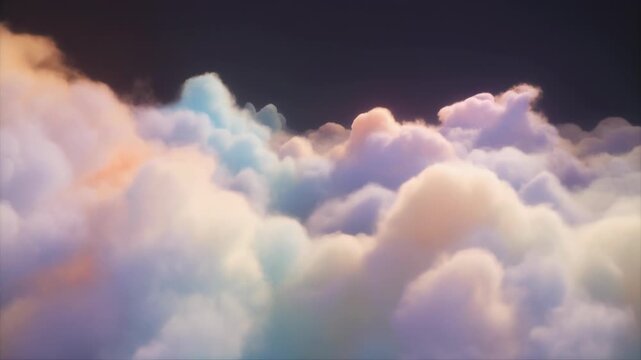 Dreamy pastel colored clouds at sunset with soft peach and blue hues, serene atmosphere, gradient sky texture, nature background, copy space