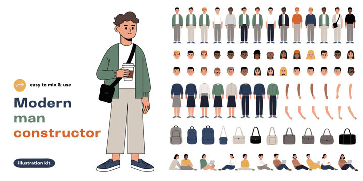Modern man constructor character kit with diverse options for customization during design