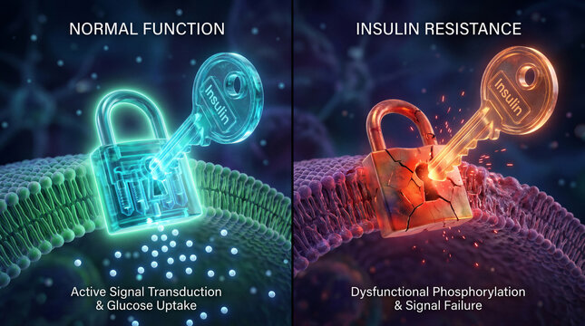 Insulin Resistance Concept, Normal Function vs Dysfunctional Phosphorylation and Signal Failure, Diabetes and Glucose Uptake, Medical Science and Health Infographic