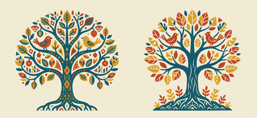 Set of elemental folk art illustrations featuring a decorative tree of life with perched birds and autumn leaves in a rustic linocut block print style. © GraphicGalaxy