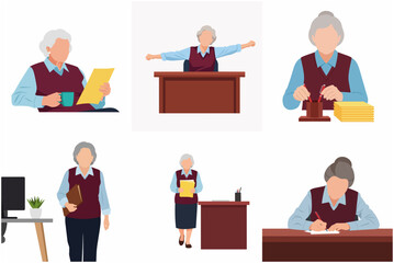 Fototapeta premium Set of Flat Illustrations of a Senior Woman Working in an Office Environment