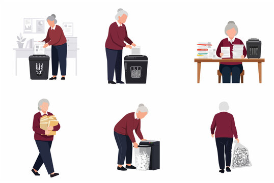 Set of flat vector illustrations of a senior woman shredding sensitive documents for data privacy and security in the office.