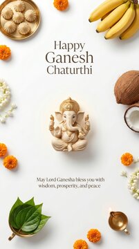 Ganesh Chaturthi offering with a deity statue, modak sweets, bananas, coconut, betel leaves, and marigold flowers arranged on a white surface