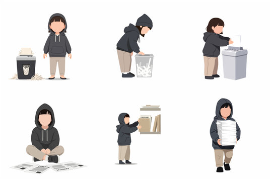 Set of illustrations featuring a character destroying confidential documents, using a paper shredder, and managing sensitive files for data privacy and security concepts.
