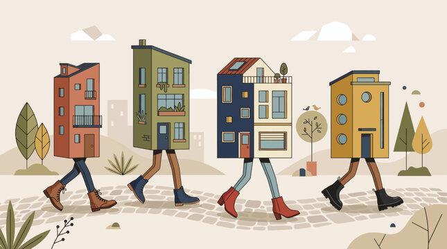 A whimsical procession of anthropomorphic houses with legs, showcasing urban architecture and a sense of movement