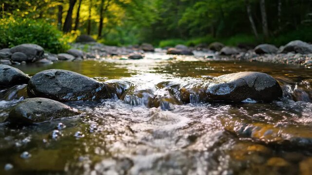 Forest stream flowing over rocks slow motion, clear water over smooth grey stones, dappled forest light, continuous water flow, nature b-roll loop footage for documentary or lifestyle.