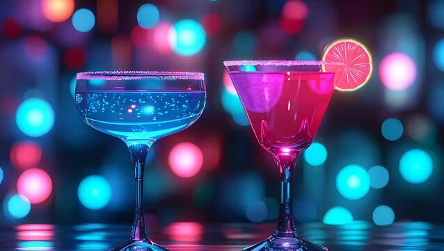 Two colorful cocktails in glasses on a table against a glowing bokeh background. Refreshing alcoholic drink with garnish and sugar rim for celebration party event.
