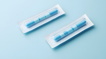 Obraz premium Two sealed blue medical test tubes in sterile packaging on a light blue background for healthcare analysis