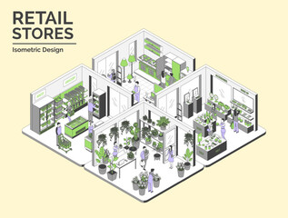 Fototapeta premium Cartoon Color Retail Stores Interior Inside Grocery, Household Appliances, Flowers and Cosmetics Shop Concept 3d Isometric View Line Elements. Vector illustration