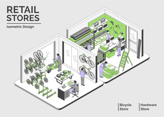 Naklejka premium Cartoon Color Retail Stores Interior Inside Hardware and Bicycle Shop Plan Concept 3d Isometric View Line Elements. Vector illustration