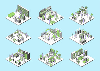 Naklejka premium Cartoon Color Types Retail Stores Include of Book, Hardware, Flowers, Bicycle Interior Shop Plan Concept 3d Isometric View Line Elements. Vector illustration